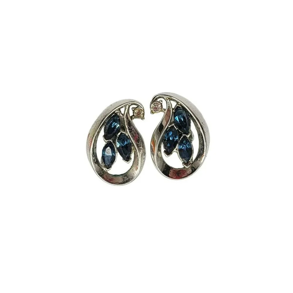 TRIFARI Silver Tone Blue Clear Rhinestone Teardrop Clip Earrings Vintage Patent